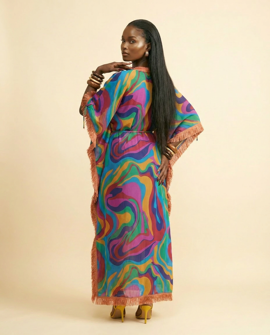 Abstract Swirl Chiffon Mesh Midi Dress - Designer Replication - back view