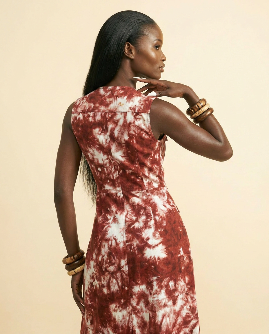 Adire Silk Maxi Dress: Red & White Tie-Dye Elegance - back view