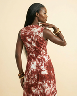Adire Silk Maxi Dress: Red & White Tie-Dye Elegance - back view