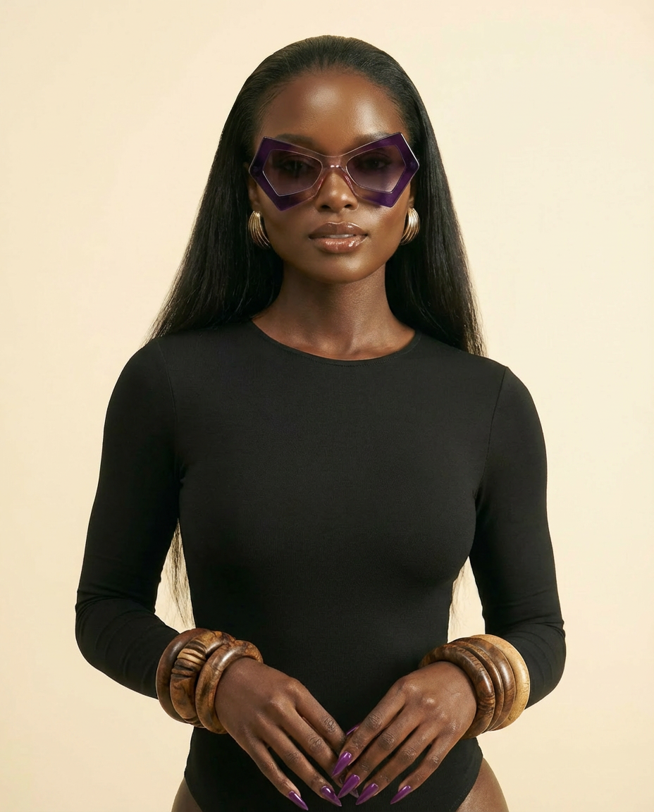 Butterfly Cat Eye Sunglasses: Gradient UV400 Candy Shades - chest-up portrait crop from mid-chest to just above the head, model facing camera, sunglasses are the PRIMARY FOCAL POINT and must be tack-sharp and clearly visible on the model's face, soft confident expression, shallow depth of field with sunglasses in razor-sharp focus