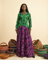 Ntinti Ankara Bell Sleeve Two-Tone Midi Dress - A-Line Luxury - front-facing view