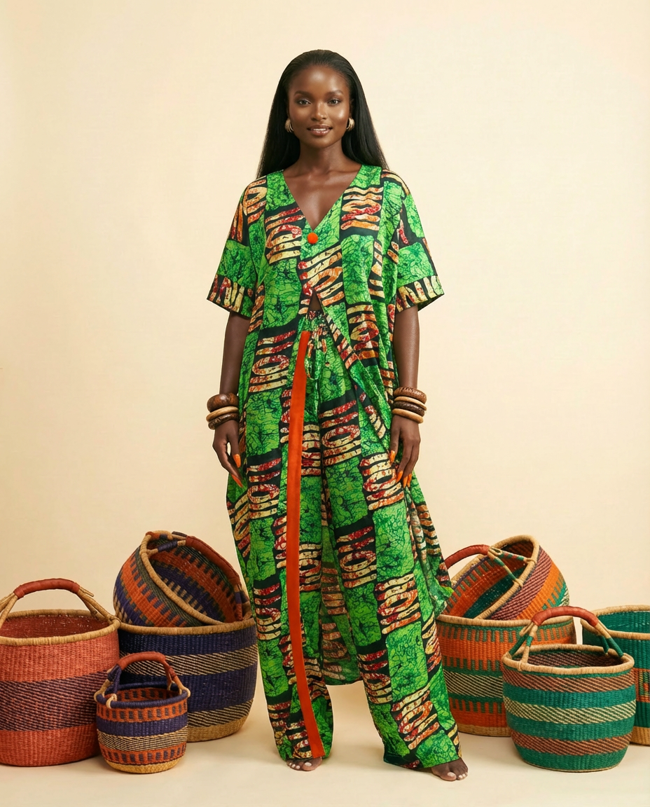 Anwala Ankara Silk Set: Aso-Oke Stripe Trousers & Kimono Top - front-facing view