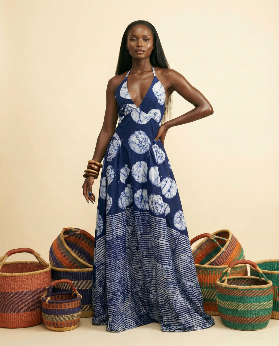 Akpa Adire Halter Maxi Dress - Flowy & Elegant - front-facing view