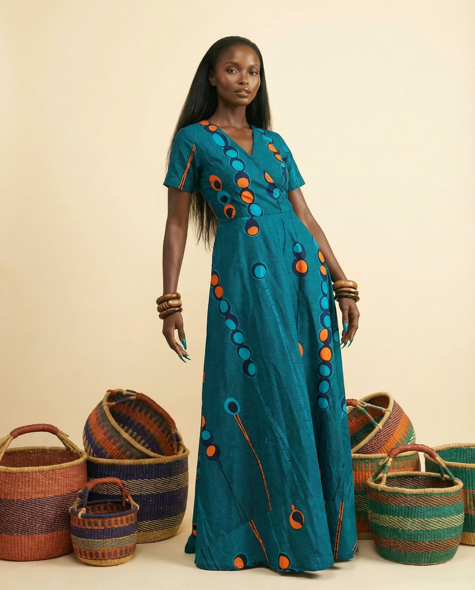 Nkechi African Print Maxi Dress - V-Neck Elegance (Final Sale) - front-facing view