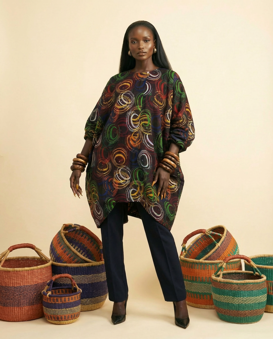 Afufa Ankara Cocoon Dress: Elegant Midi, Pockets & African Print - front-facing view