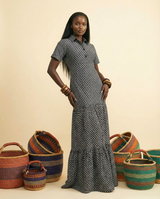 Oja Ankara Maxi Dress: Collared Boho Button-Front Elegance - front-facing view