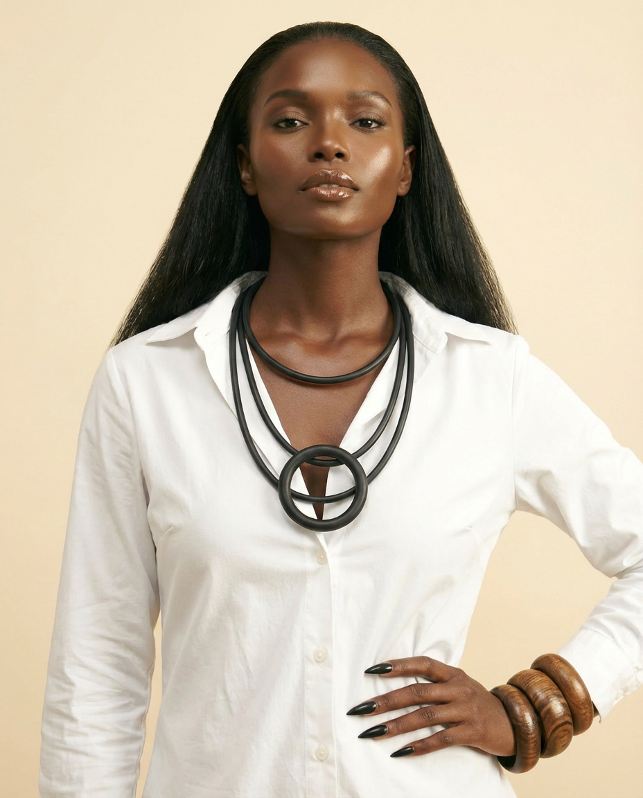 Black Rubber Choker Necklace with Round Pendant - front-facing view