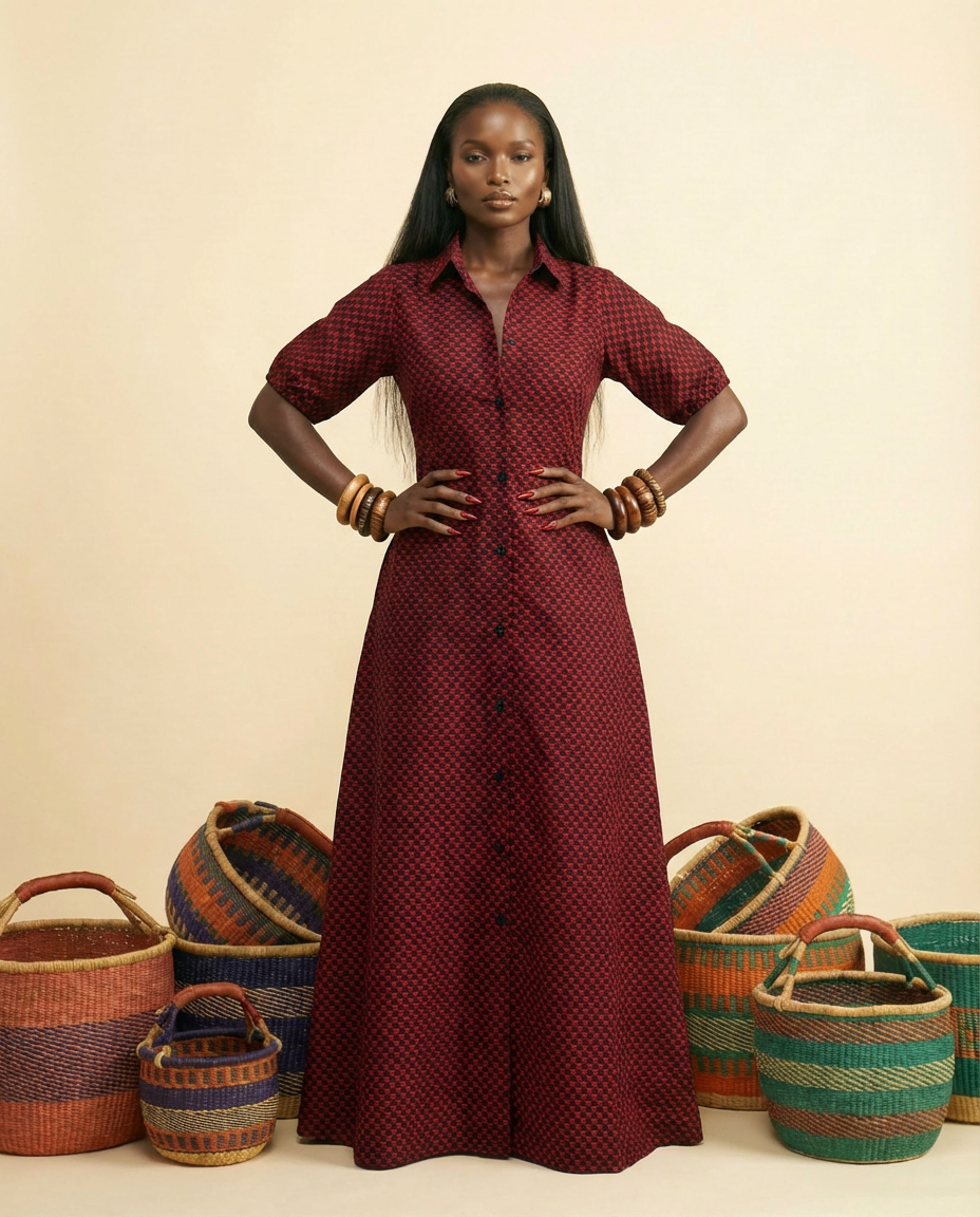 Agege Red Ankara Kaftan Dress - Luxury African Print Gown - front-facing view