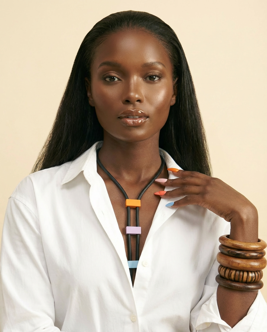 UKEBAY Black Rubber & Wood Statement Necklace - Modern Long Chain - front-facing view