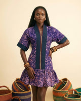 Ericham Adire Mini Bubu Dress - Aso-Oke Trim - front-facing view