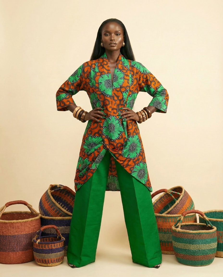 Ngugu: Emerald Aso-Oke Palazzo & Ankara Kimono Set - front-facing view