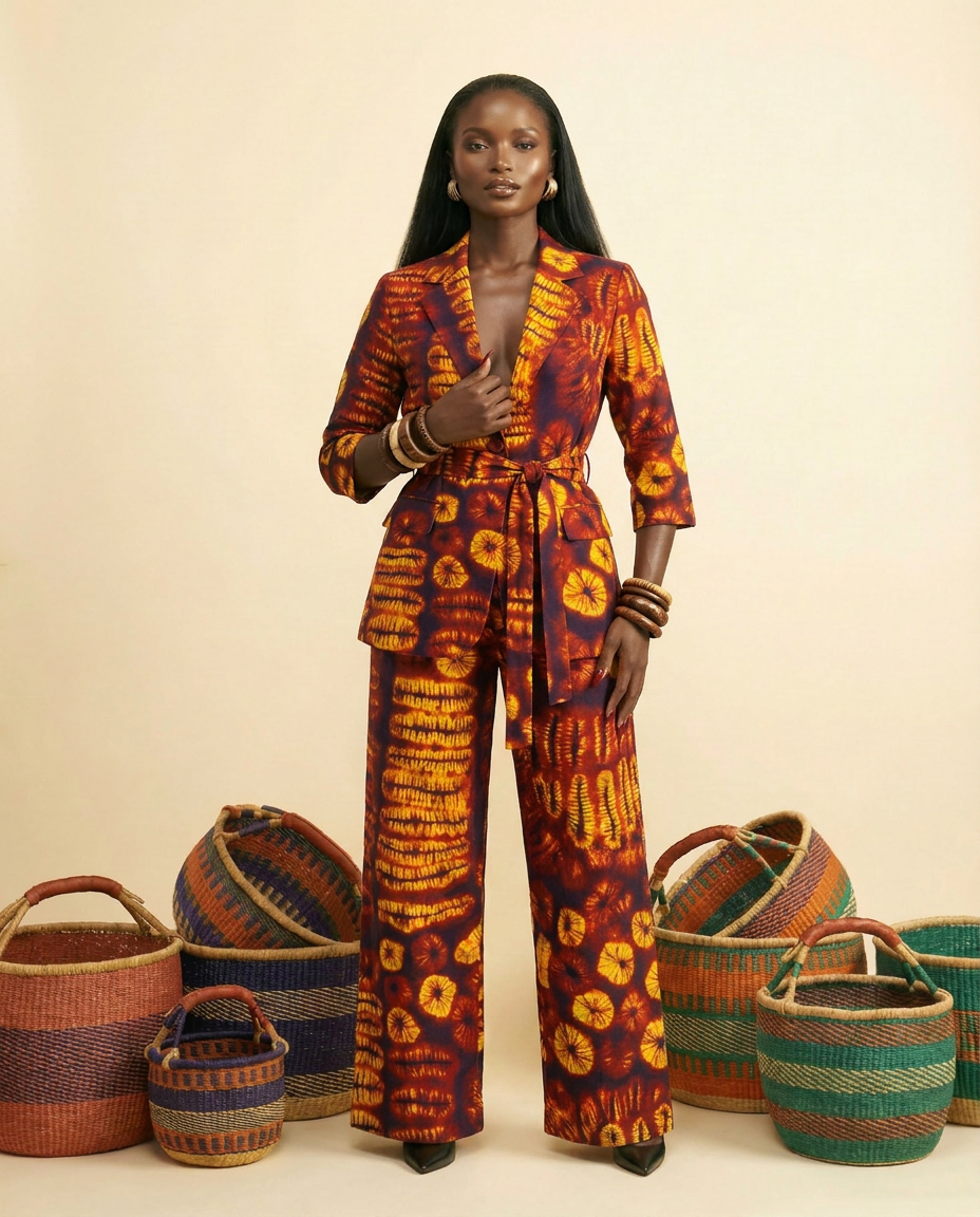 Odikwa Luxe: Tailored Rope Trim Jacket & Wide-Leg Trouser Set - front-facing view