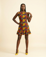 Red & Yellow Chiffon Geometric Midi Dress - Luxe Wax Print - front-facing view