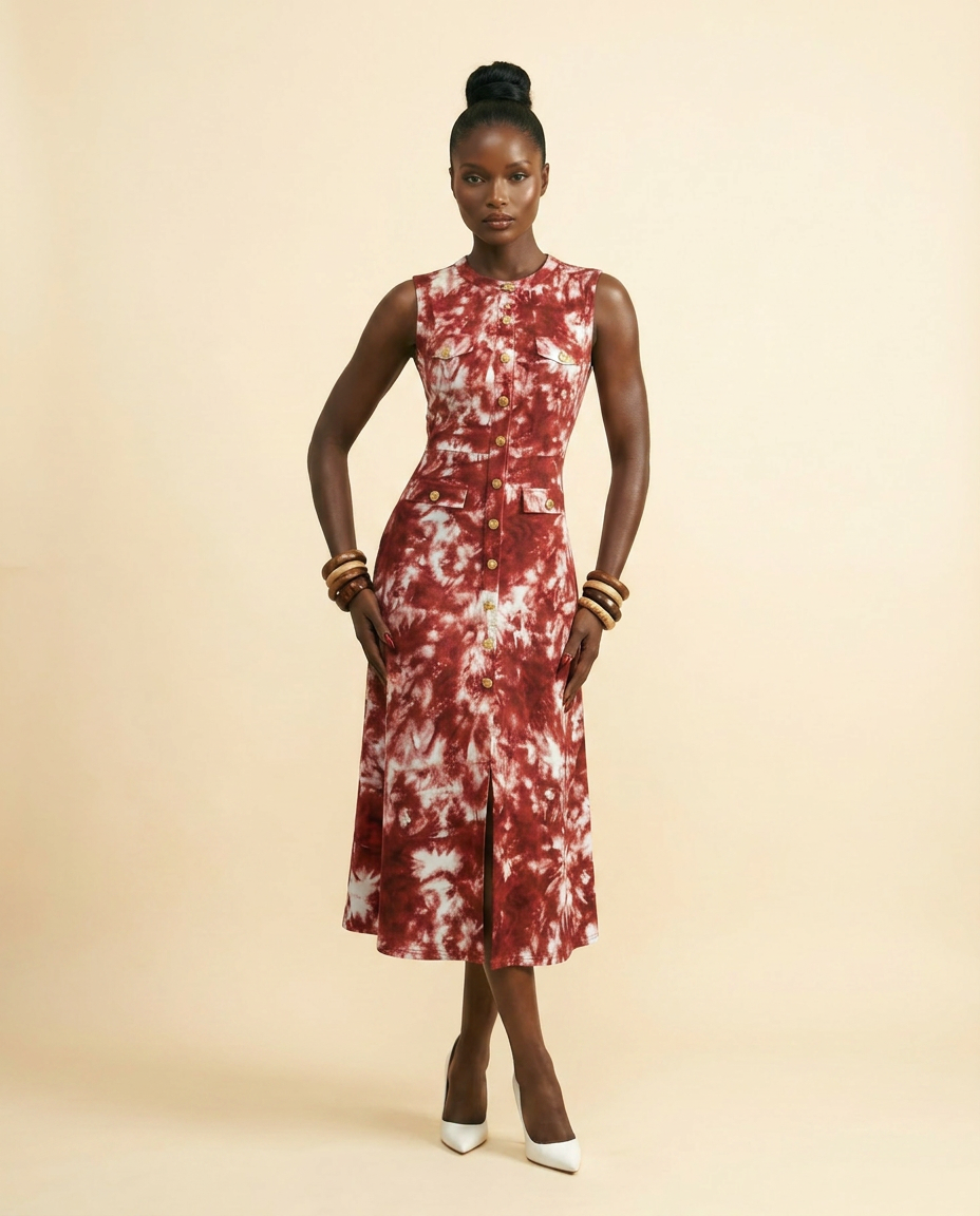 Adire Silk Maxi Dress: Red & White Tie-Dye Elegance - front-facing view