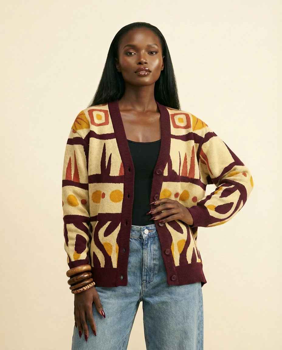 Printed Jacquard Knit Cotton Cardigan - front-facing view