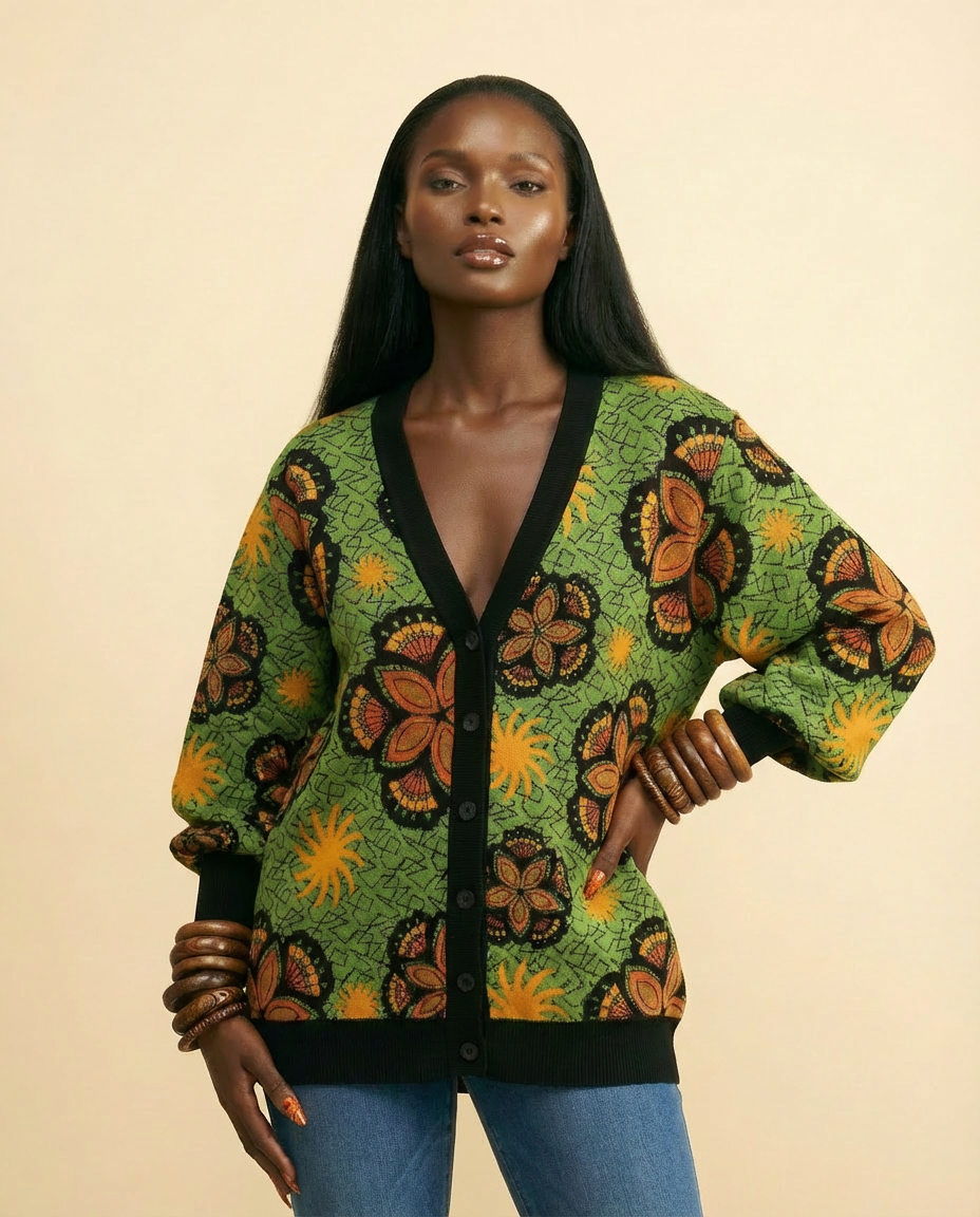 Chic Birdseye Jacquard Knit Cardigan - Versatile Cotton Blend - front-facing view
