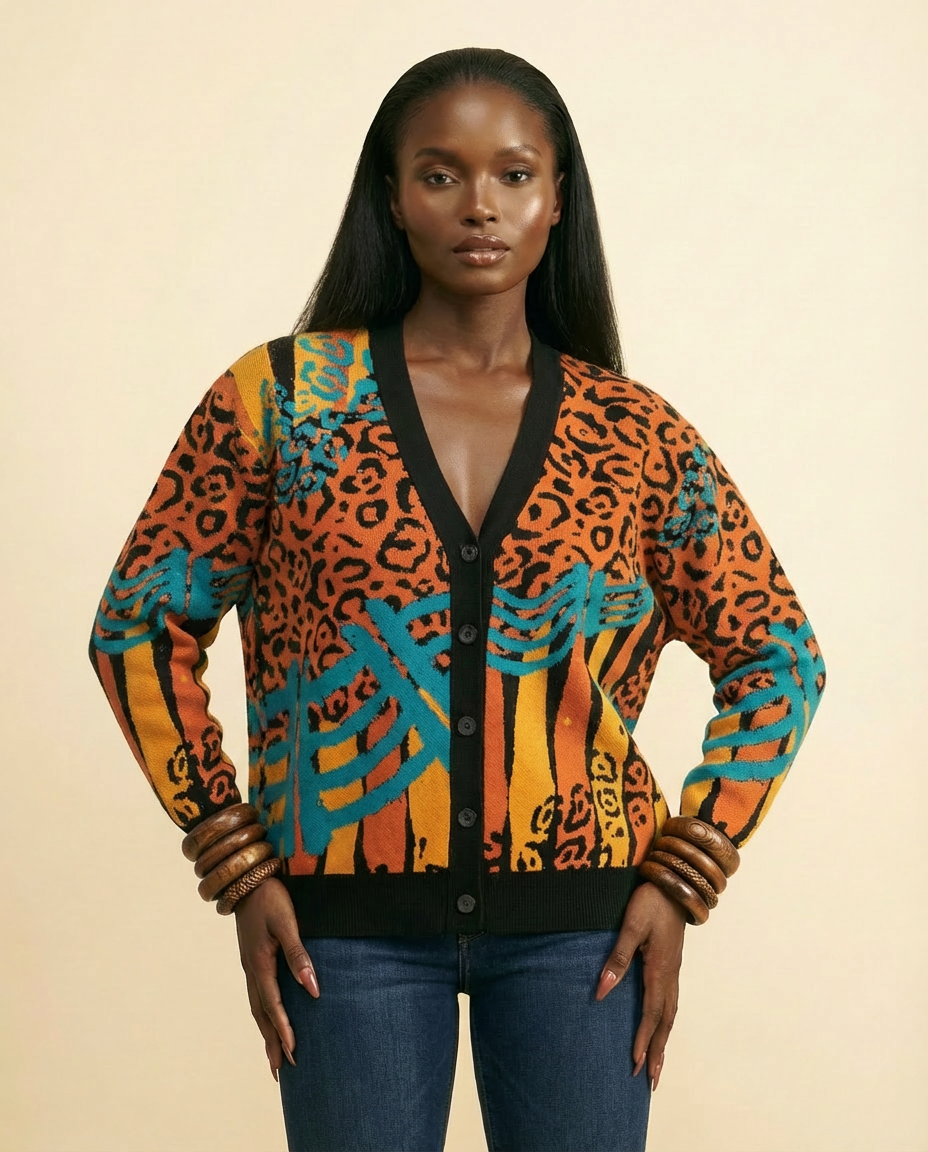 Tiger Print Jacquard Knit Cardigan - Luxe Cotton Blend - front-facing view