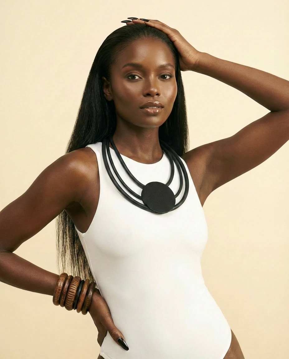 Rubber Choker Necklace - Round Pendant Sweater Chain - front-facing view