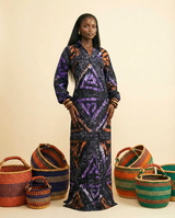 Akacham Adire V-Neck Shirt Dress - Lantern Sleeve Midi - front view