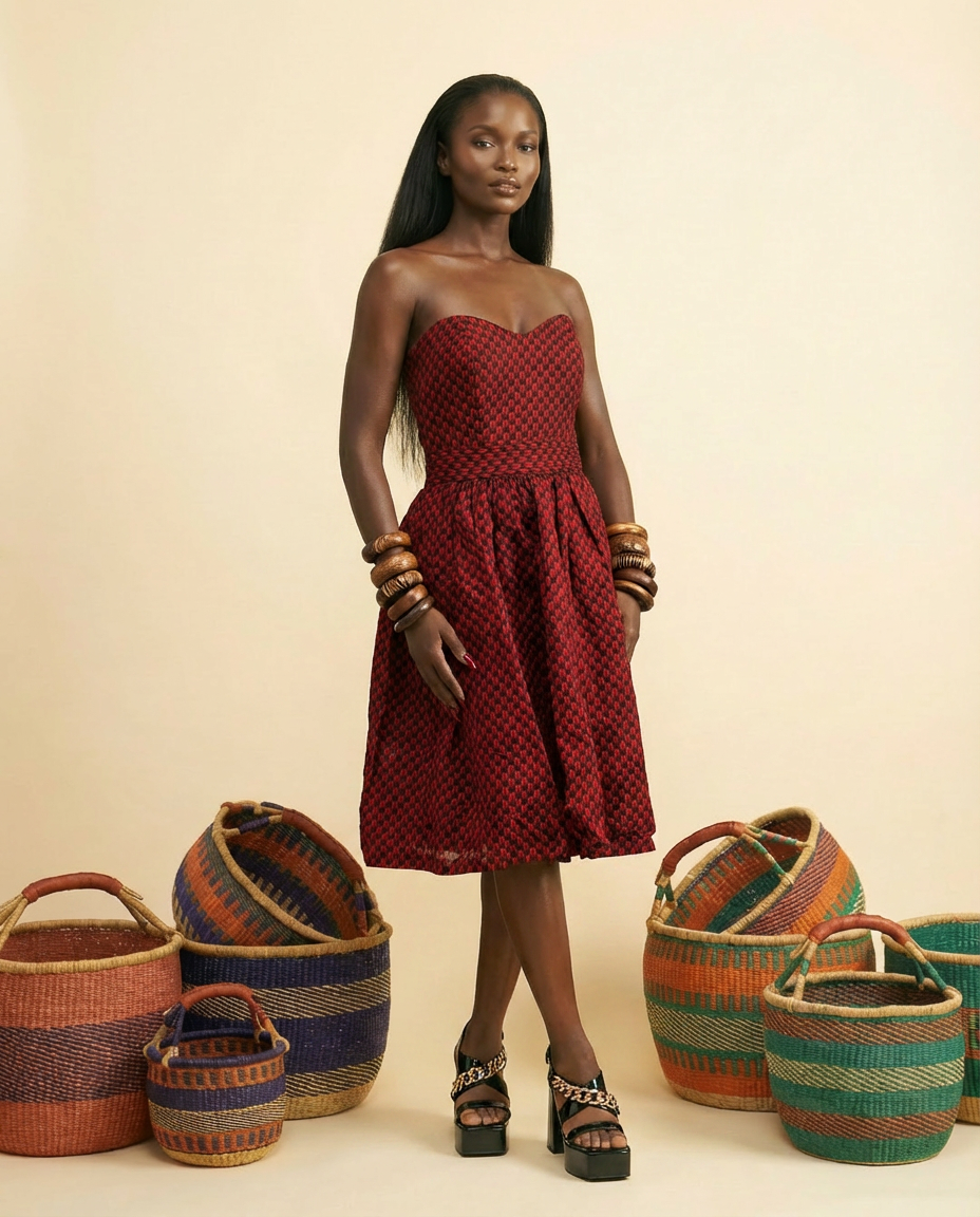 Amara Ankara Print Strapless Midi Dress - Elegant African Fashion - front view
