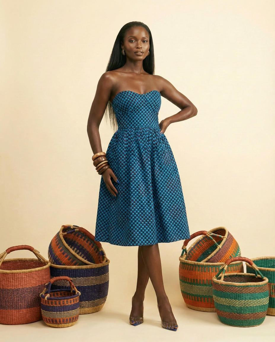Amara Ankara Print Strapless Midi Dress - Elegant African Fashion - front view