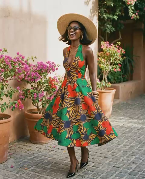 Umueze Ankara fit-and-flare midi dress featuring a deep V-neck halter neckline, open back with tie-neck detail, side pockets, and a full mid-calf skirt.